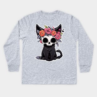 Gothic Floral Zombie Cat Kids Long Sleeve T-Shirt